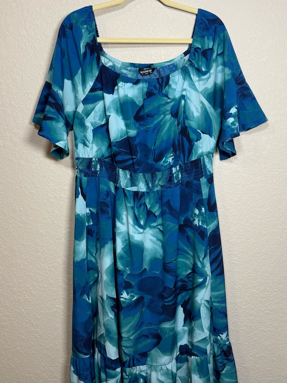 Bloomchic Teal Navy Blue Floral Scoop-Neck Smocked Waist Dress